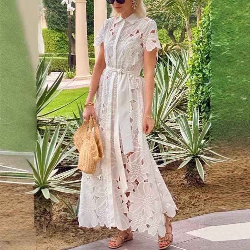 Petal Short Sleeve Party Dress Women Summer Hollow Out Sexy midi dresses Button Down with Tie Waist & Cutout