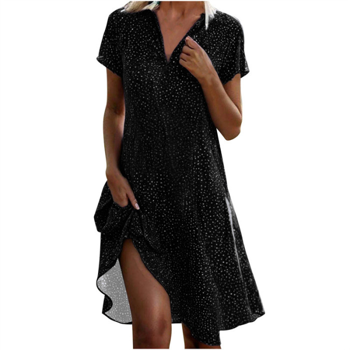 2025 Women's Polka Dot Shirt Dress - Summer V-Neck Short Sleeve Loose Fit Casual Maxi Dress