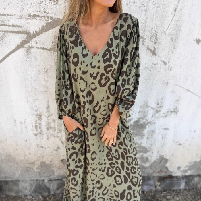 2025 Spring Summer Women's V-Neck Leopard Print Dress - Relaxed Fit 3/4 Sleeve Pocket Dress Casual Elegant Tunic Maxi