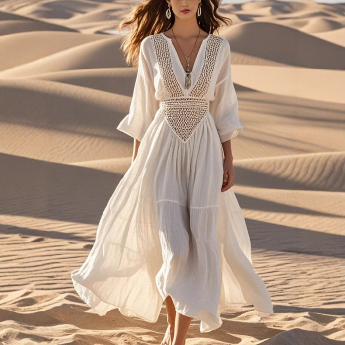 Women's Summer White V-Neck Maxi Dress