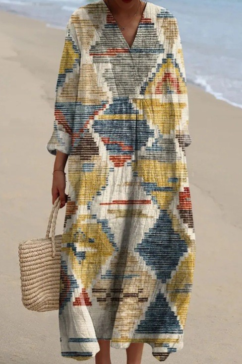 Women's Floral Print Long Sleeve Shirt Dress - Casual Loose V-Neck Beach Sundress Summer Maxi Dress