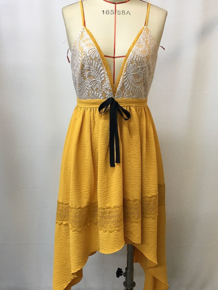 Women's V-Neck Sleeveless Dress Western Boho Lace Trim Tie Waist Asymmetric Hem Casual Summer Sundress