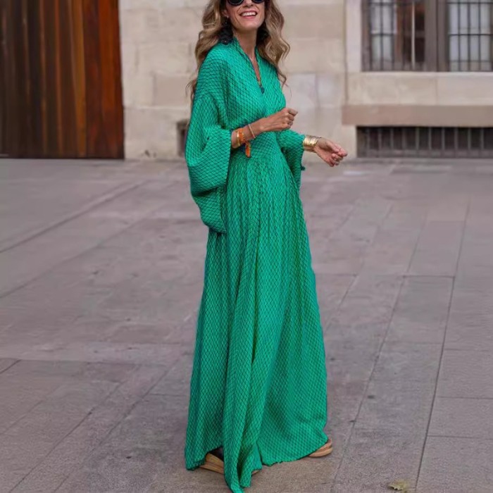 2025 Autumn Women's Long Sleeve V-Neck Dress - Relaxed Fit Waist Defined Flowy Maxi Dress Casual Elegant Swing Dress