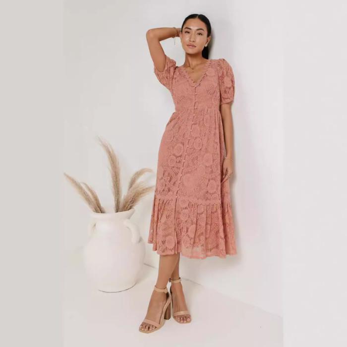 Women's Fashion Lace V-Neck Hollow Party Midi Dress