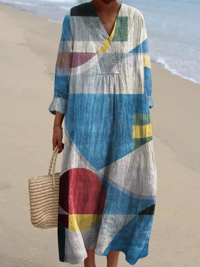 Women's Floral Print Long Sleeve Shirt Dress - Casual Loose V-Neck Beach Sundress Summer Maxi Dress