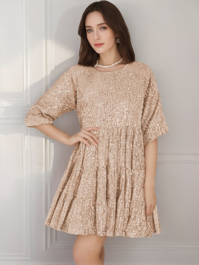 2025 Women's Round Neck Party Dress - Loose Fit Sequin Short Dress with Ruffled Hem & Pleated Detail