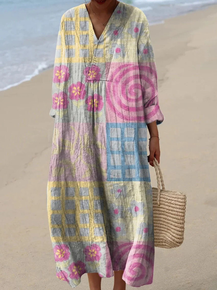 Women's Floral Print Long Sleeve Shirt Dress - Casual Loose V-Neck Beach Sundress Summer Maxi Dress
