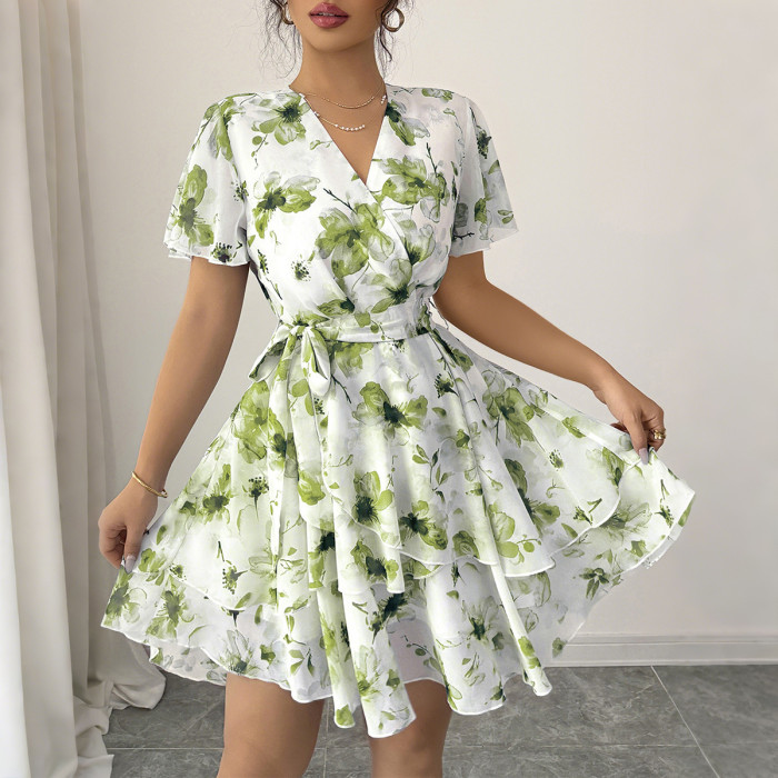Women's Casual Vacation Floral Print Short Sleeve Tiered Dress with Ruffled Skirt Boho Beach Sundress Lightweight A-Line Dress