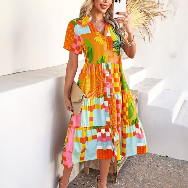 Boho Dress - High Waist Geometric Print Casual Vacation Dress, Flowy Beach Maxi Dress with Color Blocking, Bohemian Wrap Dress