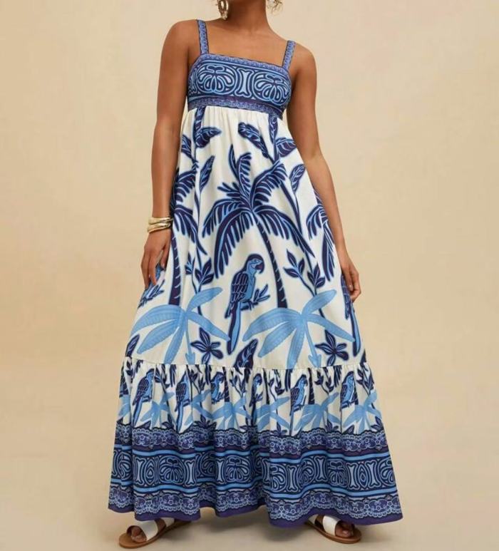 2025 Summer Women's Boho Strappy Dress - Floral Print Vacation Sundress Casual Beach Maxi Dress with Elastic Waist