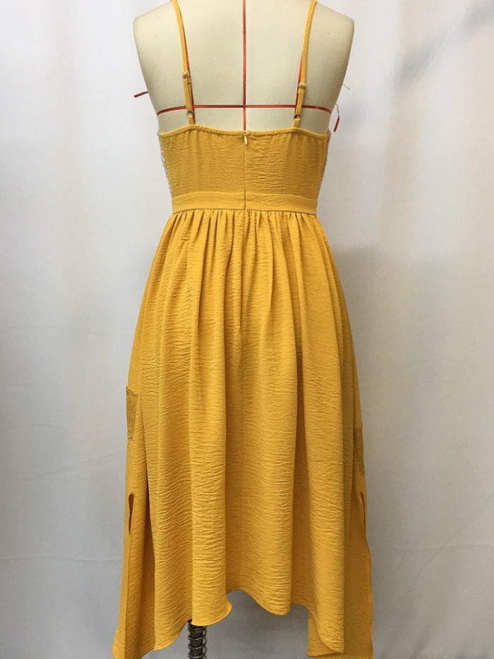 Women's V-Neck Sleeveless Dress Western Boho Lace Trim Tie Waist Asymmetric Hem Casual Summer Sundress