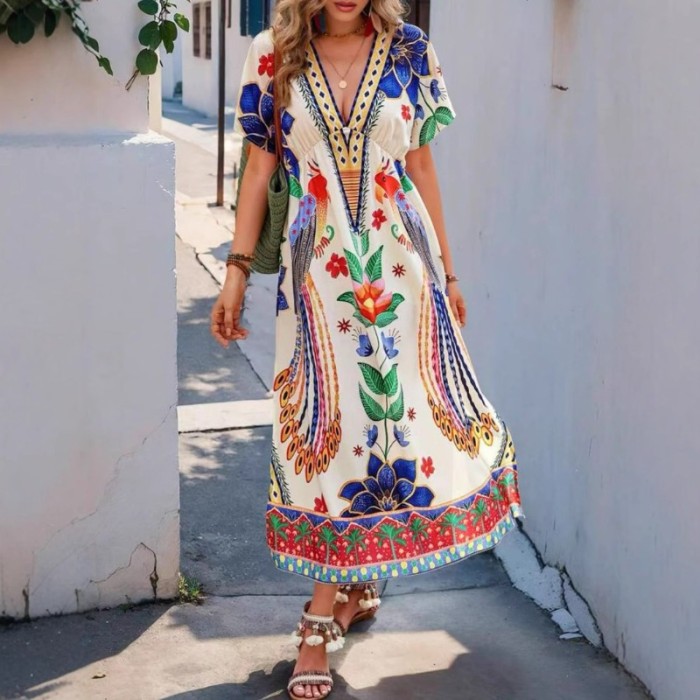 2025 Summer Women's V-Neck Floral Print Dress - Casual Short Sleeve Long Maxi Dress Loose Fit Boho Beach Sundress