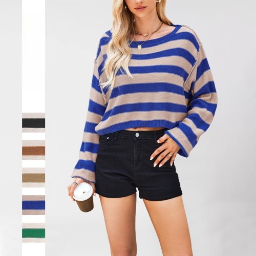2025 Autumn and Winter Women's Pullover Sweater Striped Loose Short Knitted Sweater