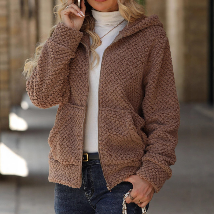 Women's Solid Color Fashion Casual Loose Hooded Zipper Plush Jacket