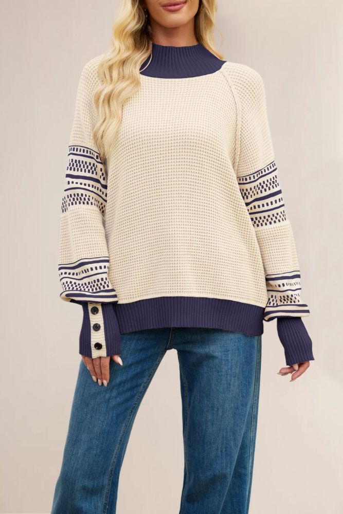 Knitted Color-Blocking Half-High Neck Pullover Sweater Women's Fashion