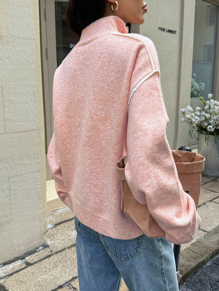 Women's Solid Color Long Sleeve Zipper Sweater Casual Minimalist Sweater