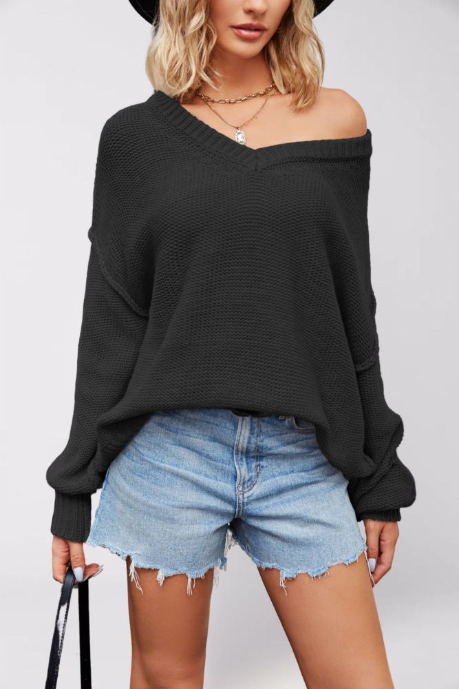 2025 New Autumn and Winter European and American V-neck Loose Large Size Pullover Solid Color Sweater for Women