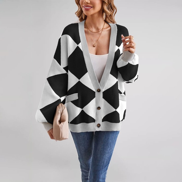 2025 Color Block Cardigan - Geometric V-Neck Knit Coat