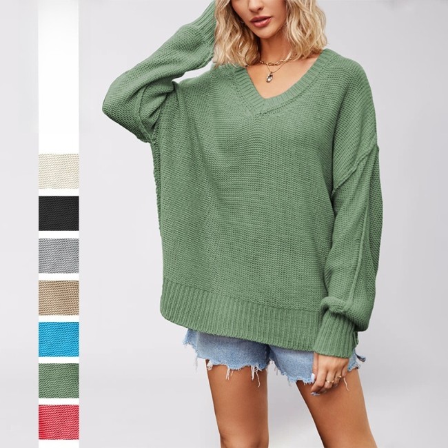 2025 New Autumn and Winter European and American V-neck Loose Large Size Pullover Solid Color Sweater for Women