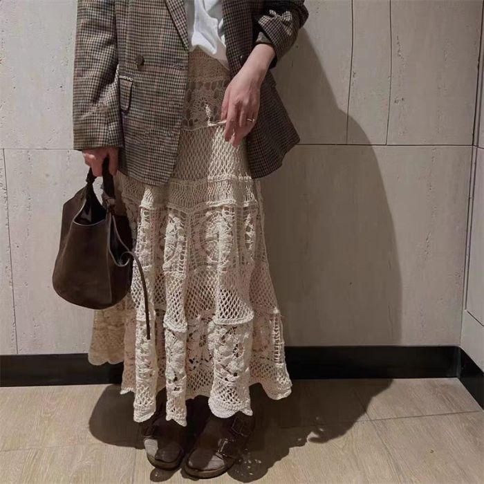 Women's Crochet Lace A-Line Long Skirt Retro Hollow Elastic Knitted Semi Skirt