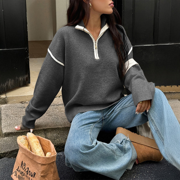 Women's Solid Color Long Sleeve Zipper Sweater Casual Minimalist Sweater