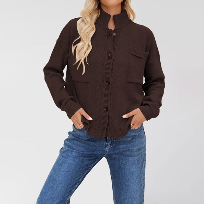 2025 Knitted Jacket Stand Collar Large Size Sweater Solid Color Cardigan Women's Clothing