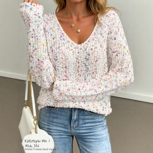 2025 European and American Women's Loose and Lazy Style V-neck Pullover Long-sleeved Sweater Women's Knitted Top