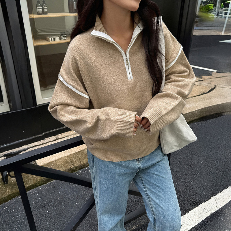 Women's Solid Color Long Sleeve Zipper Sweater Casual Minimalist Sweater