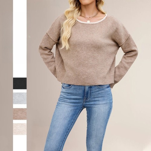2025 Autumn and Winter New Women's Color-blocking Sweater Round Neck Loose Pullover Sweater Versatile Fashion Base Sweater Women