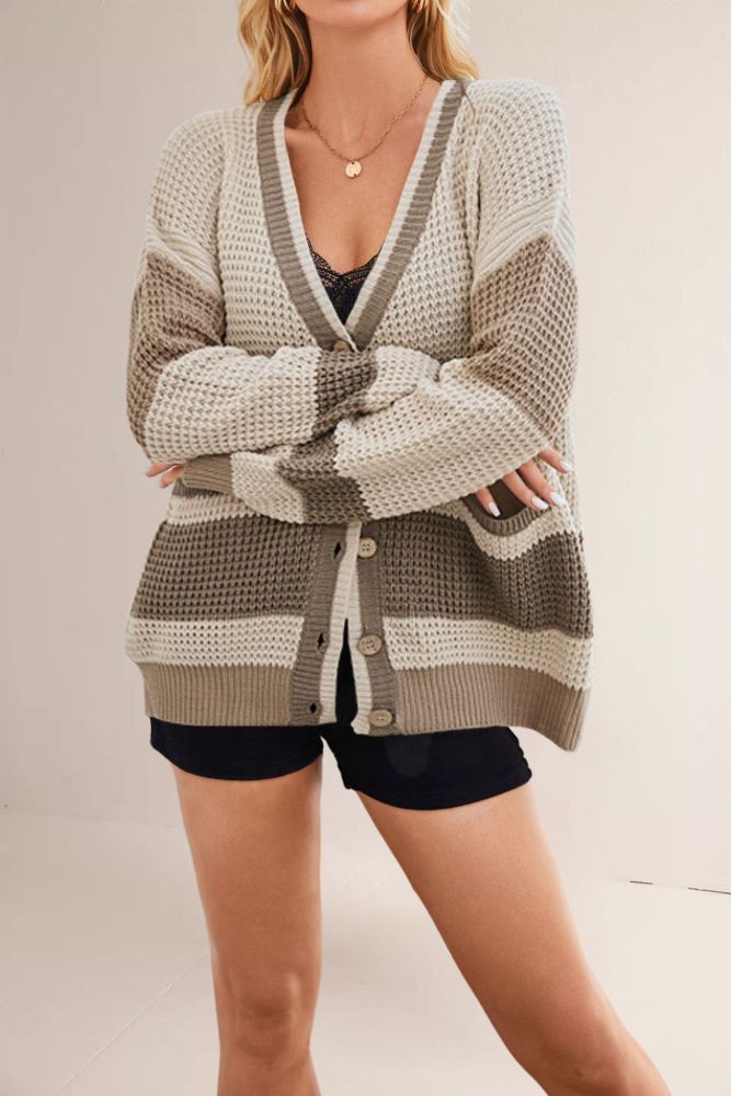 New Knitted Jacket V-neck Large-size Color-blocking Cardigan Sweater for Women