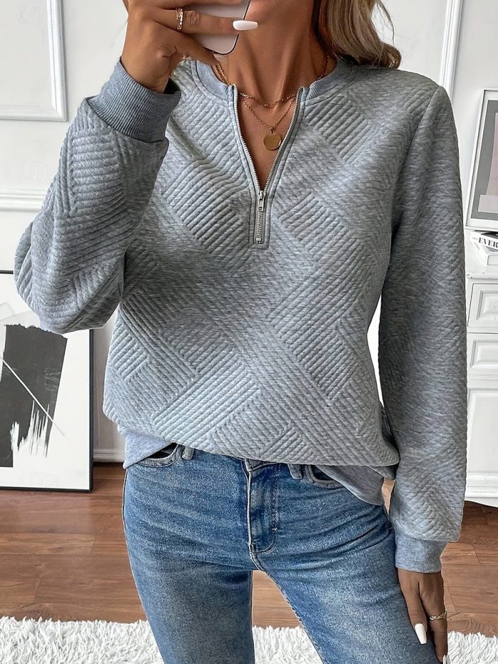 Women's Casual Solid Color Half-Zipper Long Sleeve Loose Sweatshirt