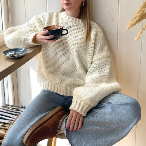Women's Round Neck Long Sleeve Lined Sweater Casual Minimalist Style Autumn Winter