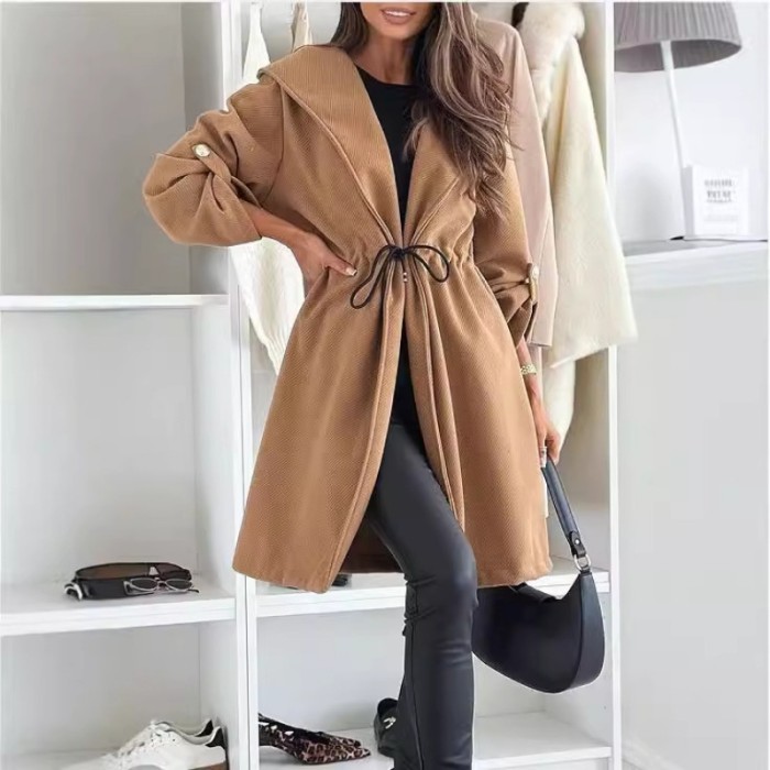 Women's Hooded Lapel Long Coat Casual Long Sleeve Autumn and Winter