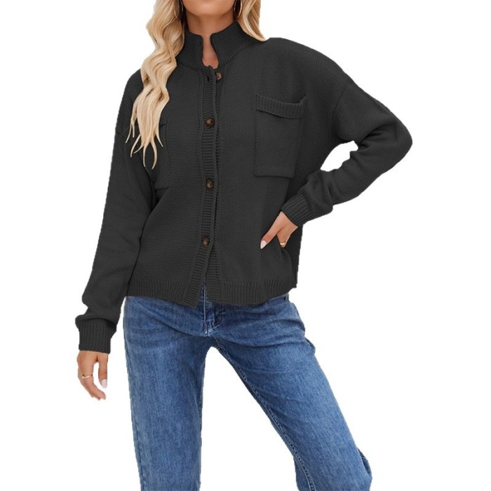 2025 Knitted Jacket Stand Collar Large Size Sweater Solid Color Cardigan Women's Clothing