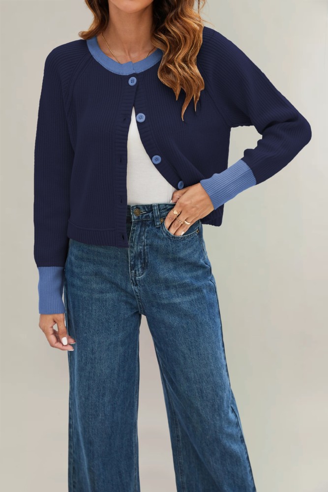 2025 Autumn and Winter New Fashion Round Neck Single Row Button Contrast Knitted Cardigan Jacket for Women