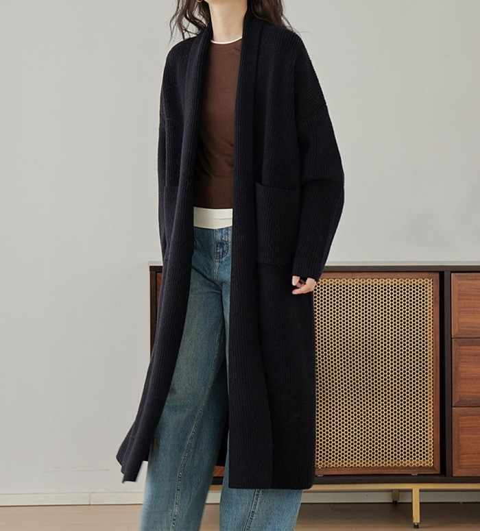 Women's Brown V-neck Long Knitted Cardigan Loose Thick Sweater Autumn and Winter