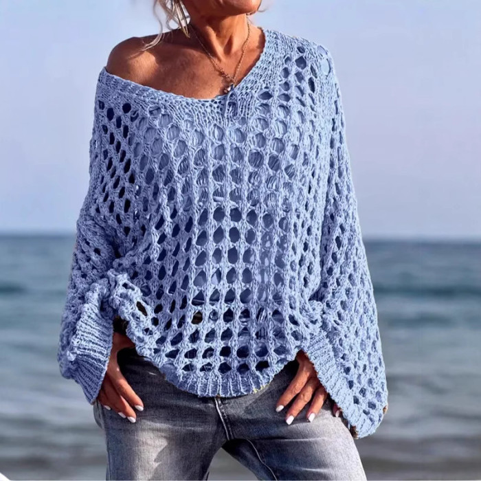 Women's Oversized V-Neck Knit Cardigan - Boho Chic Lace Crochet Sweater Coat