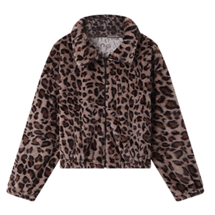 Women's Streetwear Leopard Print Bomber Jacket – Fuzzy Fleece Cropped Coat with Lapel & Long Sleeves