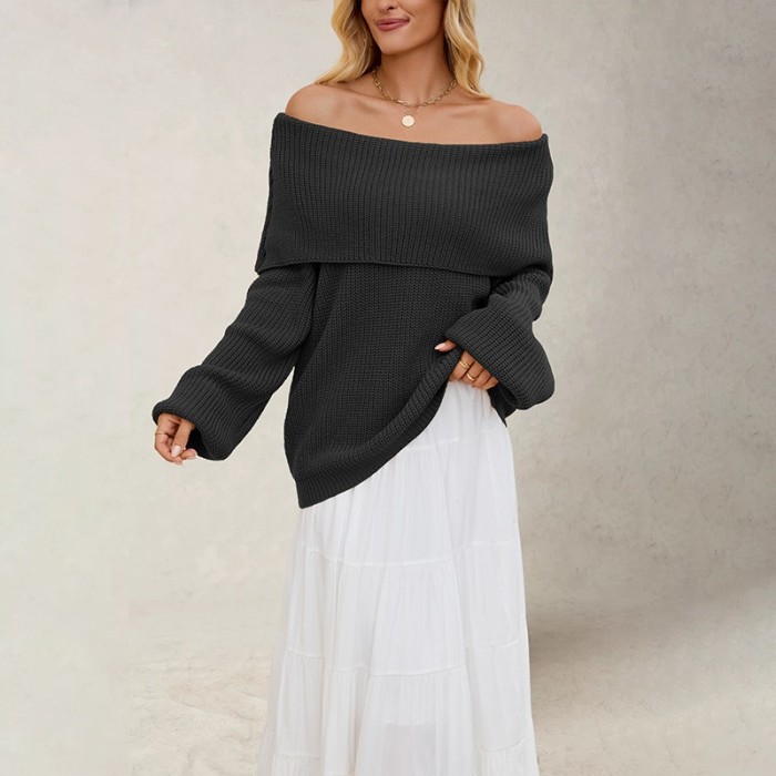 2025 New Autumn and Winter One-collar Sweater for Women Loose Pullover Sweater Slimming and Collarbone Sweater