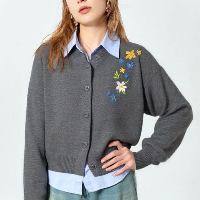 Women's Solid Color Sweater Autumn Cardigan Flower Embroidered Warm Knit Top