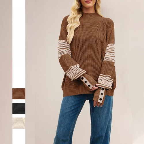 Knitted Color-Blocking Half-High Neck Pullover Sweater Women's Fashion