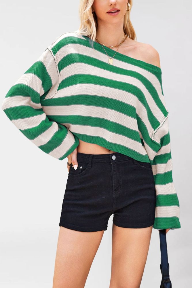 2025 Autumn and Winter Women's Pullover Sweater Striped Loose Short Knitted Sweater
