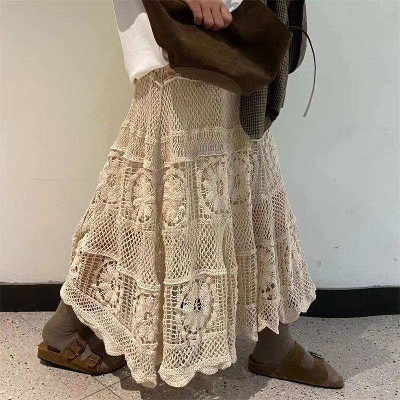Women's Crochet Lace A-Line Long Skirt Retro Hollow Elastic Knitted Semi Skirt