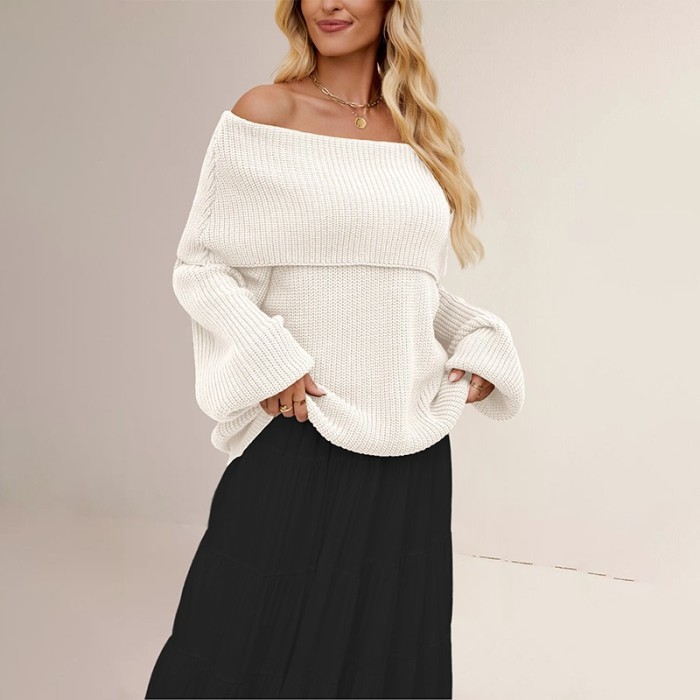 2025 New Autumn and Winter One-collar Sweater for Women Loose Pullover Sweater Slimming and Collarbone Sweater