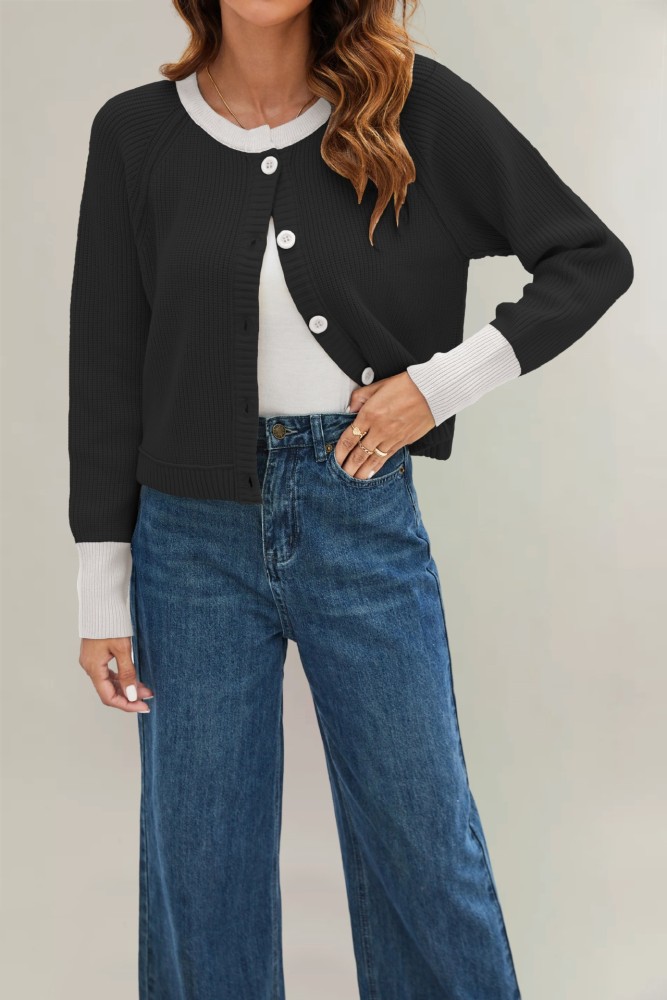 2025 Autumn and Winter New Fashion Round Neck Single Row Button Contrast Knitted Cardigan Jacket for Women