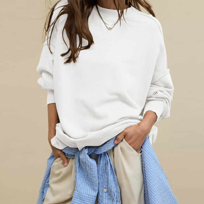 Solid Color Loose Sweatshirt Autumn and Winter Versatile Round Neck Personalized Women's Clothing