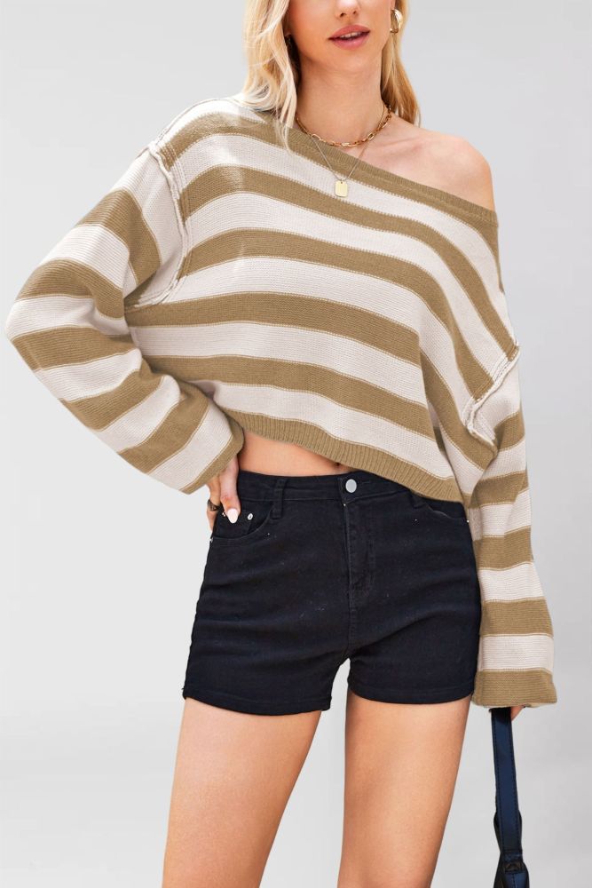 2025 Autumn and Winter Women's Pullover Sweater Striped Loose Short Knitted Sweater