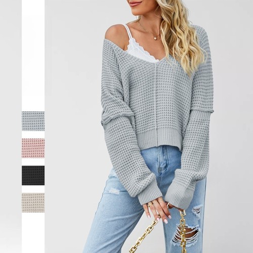 2025 Off-Shoulder Sweater - Oversized V-Neck Knit Top