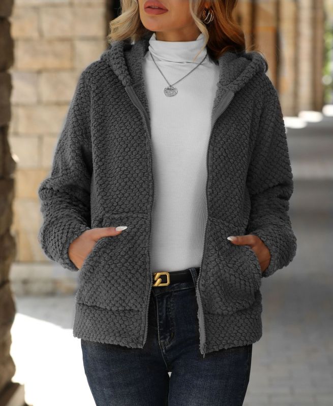 Women's Solid Color Fashion Casual Loose Hooded Zipper Plush Jacket