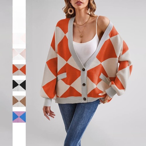 2025 Color Block Cardigan - Geometric V-Neck Knit Coat